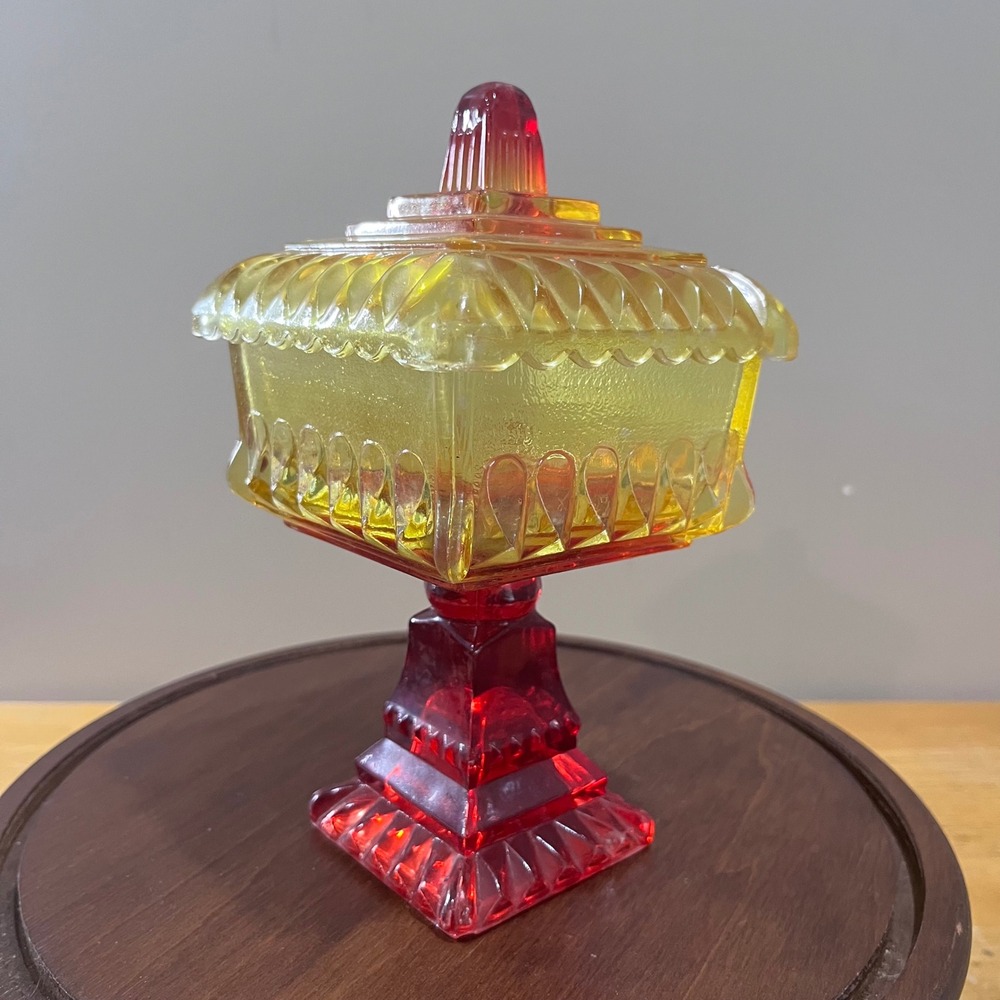 Vtg Jeanette Amberina Glass Wedding  Cake Box MCM Flash Red Yellow Square 8.5"